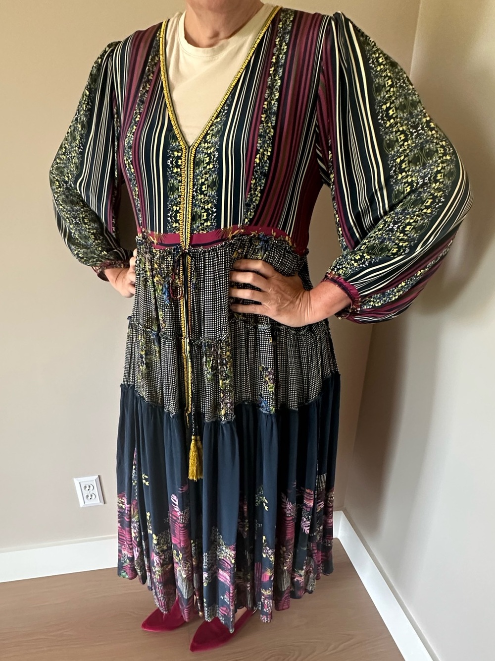 Anthropology Bhanuni Bohemian Floral Stripe Maxi Dress in Multicolor